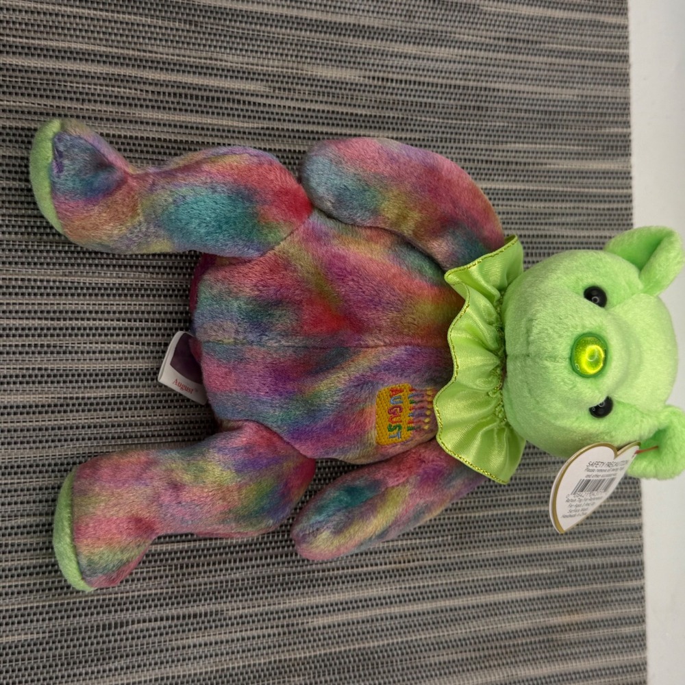 Ty Beanie Baby August Birthday Bear Peridot Birthstone Tie Dye Plush Green 8"